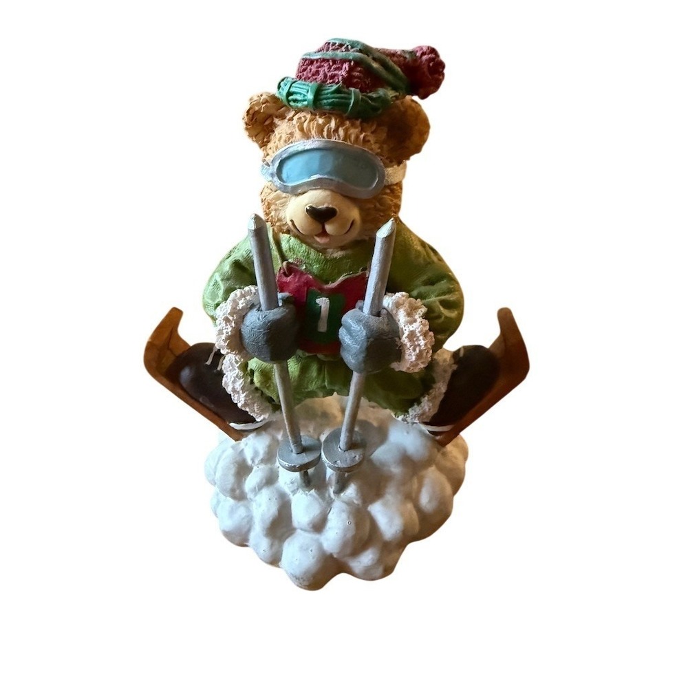 Skiing Teddy Bear Figurine Goggles Skis & Poles Winter Snow Base 4‎ in cabincore